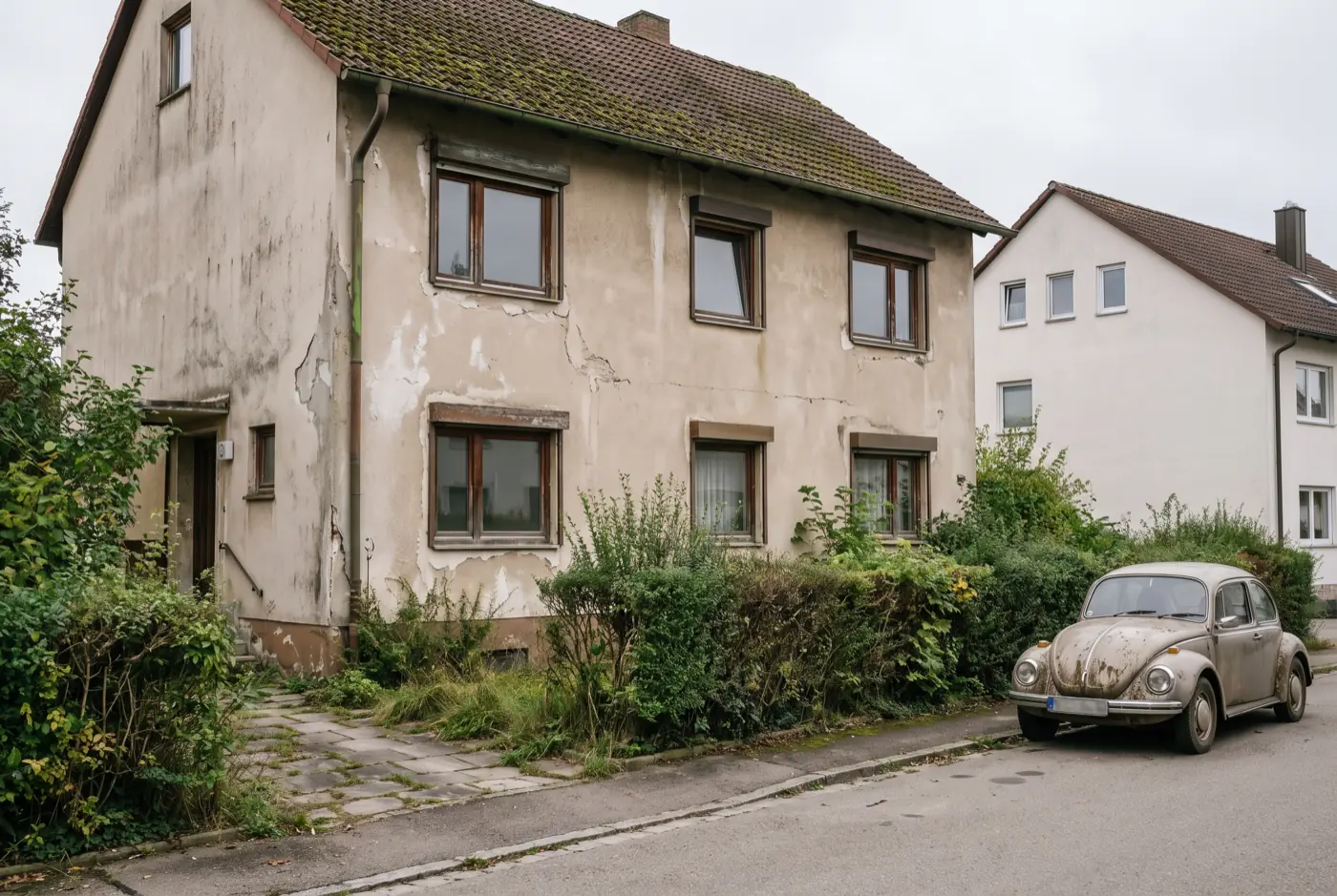 Symbolbild: sanierungsbedürftiges Einfamilienhaus mit verwittertem Putz und altem Fensterbestand